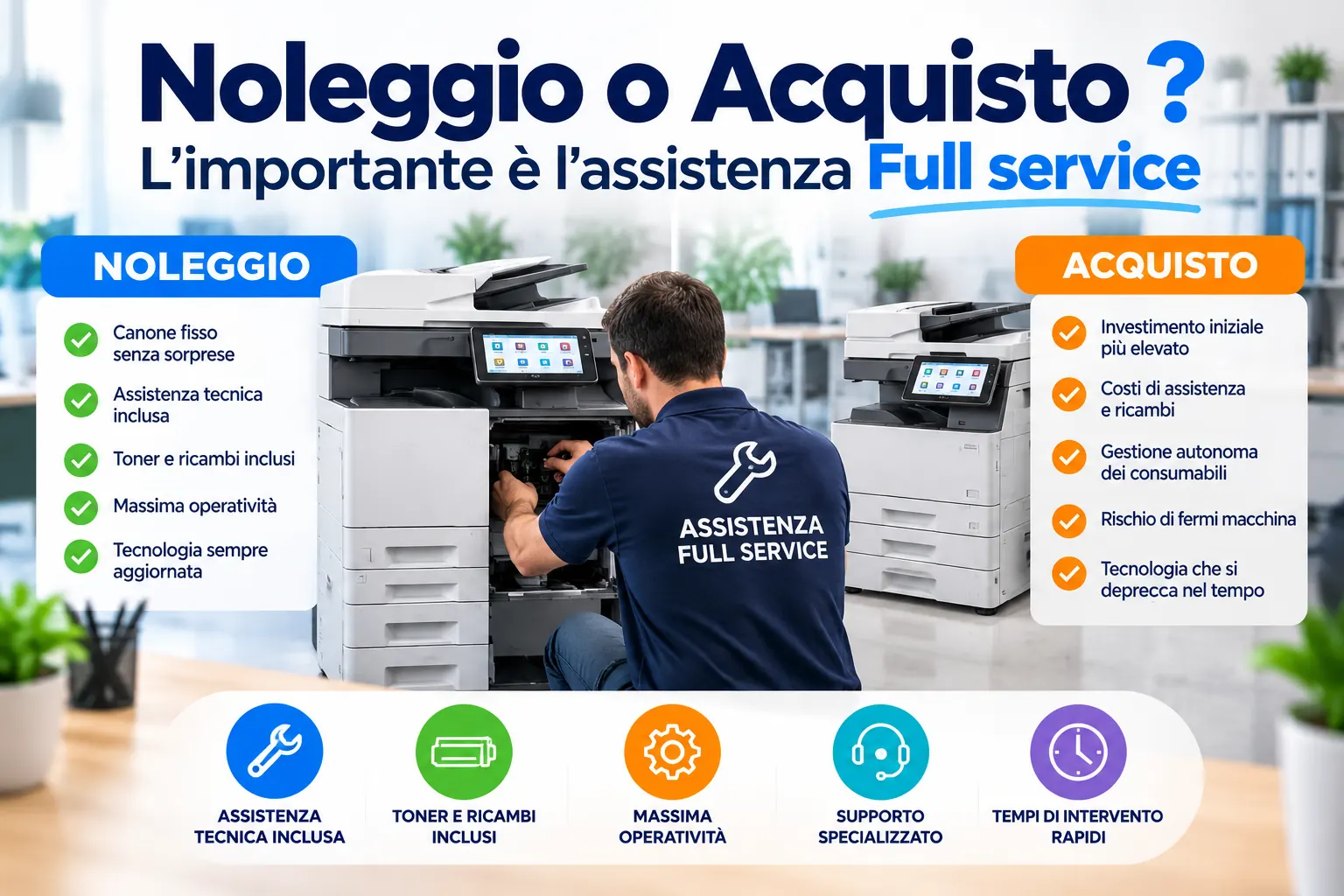 Noleggio o acquisto stampanti multifunzione con assistenza tecnica Full Service per uffici e aziende