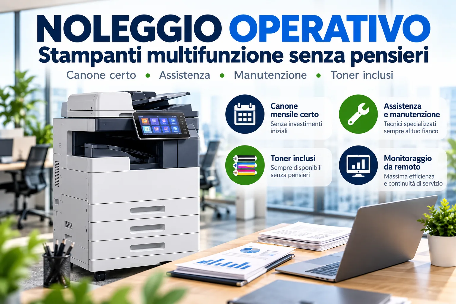 Noleggio operativo stampanti multifunzione per aziende e uffici con assistenza, manutenzione e toner inclusi