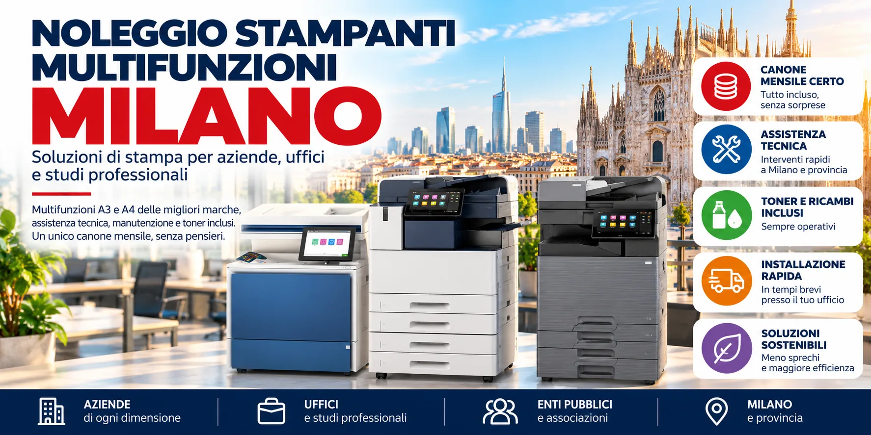 Noleggio stampanti multifunzione A3 e A4 a Milano per aziende, uffici e studi professionali