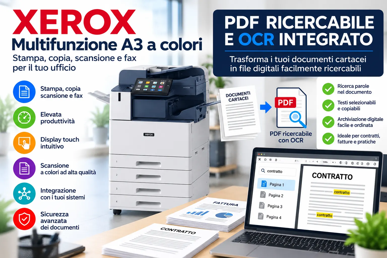 Multifunzione Xerox A3 a colori con funzione PDF ricercabile e OCR per uffici e aziende